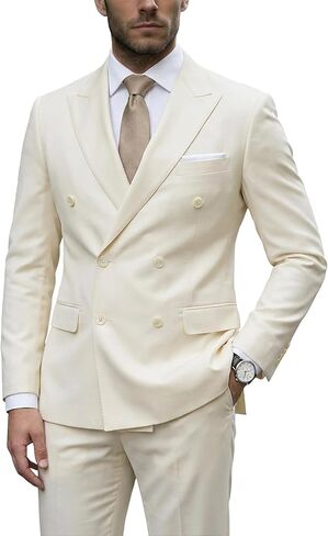 YND Men's Slim Fit 2 Piece Suit, Double Breasted Solid Jacket Pants Set with Tie in Saudi Arabia