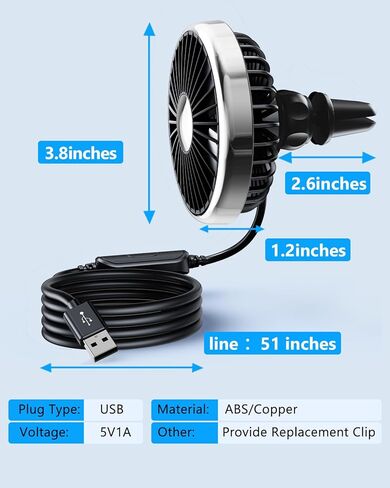 مروحة USB للسيارة مع ضوء ملون، مشبك صغير محمول قابل للدوران 360 درجة على المراوح التي تنفخ الهواء البارد، مروحة معززة لفتحة تهوية السيارة، مروحة تبريد صغيرة للمركبات، الشاحنات، الشاحنات، سيارات الدفع الرباعي، RV، UTV Cab in Saudi Arabia