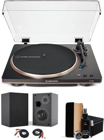 Audio-Technica AT-LP70X-BG Automatic Belt-Drive Turntable - Wireless Stereo Turntable with 4-Inch Deep Bass Powered Bookshelf Speakers (Pair) & Premium Vinyl Record Cleaner Kit - Essential Bundle Set in Saudi Arabia