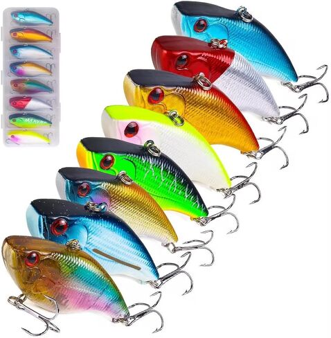 مجموعة طُعم صيد السمك Crankbait Vib مكونة من 8 قطع مع صندوق معالجة - طُعم خشخيشة VIB لصيد الأسماك في المياه العذبة والمياه المالحة - طعوم صلبة تهتز مع خطافات ثلاثية | تزدهر معالجة in Saudi Arabia