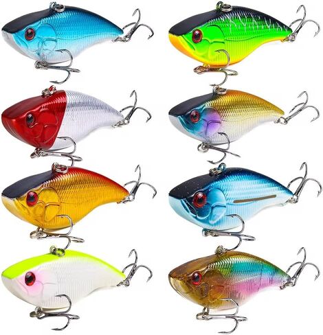 مجموعة طُعم صيد السمك Crankbait Vib مكونة من 8 قطع مع صندوق معالجة - طُعم خشخيشة VIB لصيد الأسماك في المياه العذبة والمياه المالحة - طعوم صلبة تهتز مع خطافات ثلاثية | تزدهر معالجة in Saudi Arabia