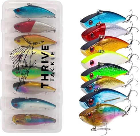 مجموعة طُعم صيد السمك Crankbait Vib مكونة من 8 قطع مع صندوق معالجة - طُعم خشخيشة VIB لصيد الأسماك في المياه العذبة والمياه المالحة - طعوم صلبة تهتز مع خطافات ثلاثية | تزدهر معالجة in Saudi Arabia