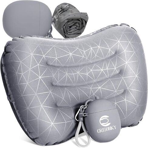 Crisonky Camping Inflatable Pillow with 2-in-1 Silicone Air Pump Storage Bag – Ultralight Travel Pillow for Airplane, Lumbar Support, Dual Valve Easy Inflate, Compressible Ergonomic (Grey) in Saudi Arabia