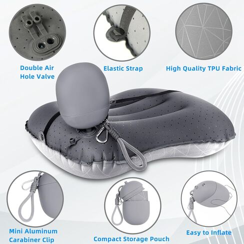 Crisonky Camping Inflatable Pillow with 2-in-1 Silicone Air Pump Storage Bag – Ultralight Travel Pillow for Airplane, Lumbar Support, Dual Valve Easy Inflate, Compressible Ergonomic (Grey) in Saudi Arabia