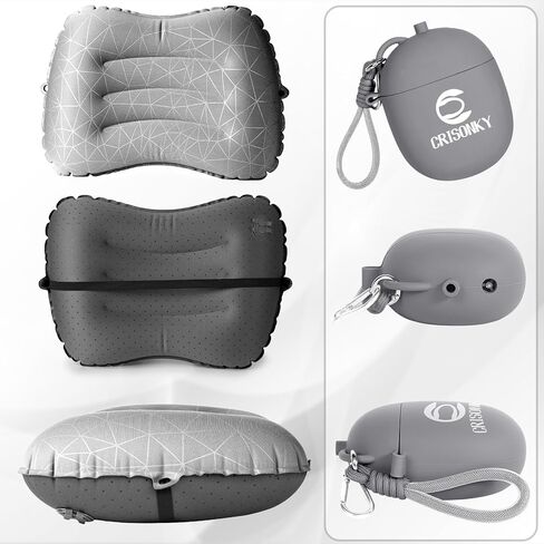 Crisonky Camping Inflatable Pillow with 2-in-1 Silicone Air Pump Storage Bag – Ultralight Travel Pillow for Airplane, Lumbar Support, Dual Valve Easy Inflate, Compressible Ergonomic (Grey) in Saudi Arabia