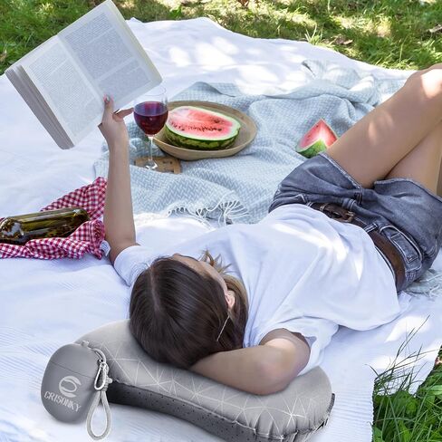 Crisonky Camping Inflatable Pillow with 2-in-1 Silicone Air Pump Storage Bag – Ultralight Travel Pillow for Airplane, Lumbar Support, Dual Valve Easy Inflate, Compressible Ergonomic (Grey) in Saudi Arabia