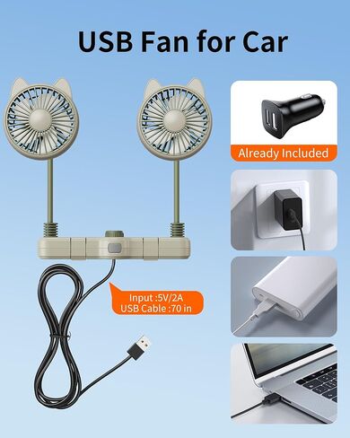 Cute Dual Head Gooseneck Car Cooling Fans for Back Seat for Kids, 5v/12v/24v Usb Car Headrest Fan for Baby Rear Facing, Car Seat Cooler That Blow Cold Air for Vehicles Sedan Suv Rv Without Ac in Saudi Arabia