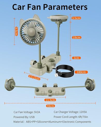 Cute Dual Head Gooseneck Car Cooling Fans for Back Seat for Kids, 5v/12v/24v Usb Car Headrest Fan for Baby Rear Facing, Car Seat Cooler That Blow Cold Air for Vehicles Sedan Suv Rv Without Ac in Saudi Arabia