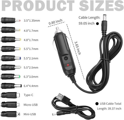 12V Car Charger Kit with DC 5V Power Cable,12V Cigarette Lighter Plug DC 5.5 * 2.1mm Includes USB Cable,11 Connectors,Universal Car Charger Adapter for GPS,DVD Player,Camera in Saudi Arabia