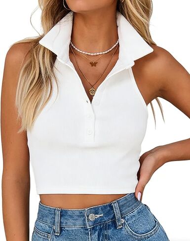 Remidoo Women's Collared Tank Top Half Button Crop Tops Color Block Fitted Sleeveless Shirt in Saudi Arabia