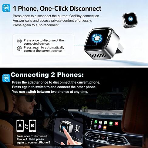 محول CarPlay لاسلكي صغير لأجهزة iPhone/Android Auto، 2 في 1 سلكي إلى دونجل سيارة لاسلكي، مفتاح بنقرة واحدة، إعادة الاتصال التلقائي 5s، 5.8 جيجا هرتز WiFi+Bluetooth5.4، متوافق مع iOS10+/Android10+، أسود in Kuwait