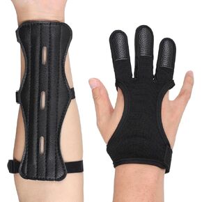 2 Pcs Archery Glove Arm Guard Kit, Leather PU 3 Finger Hunting Gloves Adjustable Strap Wrist Guard Arm Protector Bracer Archery Accessories for Men Women Youth Adults Hunting Shooting in Kuwait