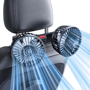 Dual-Head Rear Seat Car Fan, Powerful Airflow, 360° Rotation, Blows Both Left & Right, Adjustable Angle, Perfect for Pets, Front & Back Seats, USB & 12V/24V Powered in Saudi Arabia