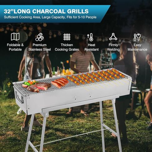 IRONWALLS Portable Charcoal Grills, 32" x 8" Stainless Steel Folded Camping Grill Kebab Skewer Barbecue Grill Kit for Garden Backyard Party Picnic Travel Home Outdoor Cooking Use in Saudi Arabia