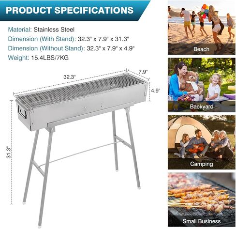 IRONWALLS Portable Charcoal Grills, 32" x 8" Stainless Steel Folded Camping Grill Kebab Skewer Barbecue Grill Kit for Garden Backyard Party Picnic Travel Home Outdoor Cooking Use in Saudi Arabia