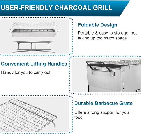 IRONWALLS Portable Charcoal Grills, 32" x 8" Stainless Steel Folded Camping Grill Kebab Skewer Barbecue Grill Kit for Garden Backyard Party Picnic Travel Home Outdoor Cooking Use in Saudi Arabia