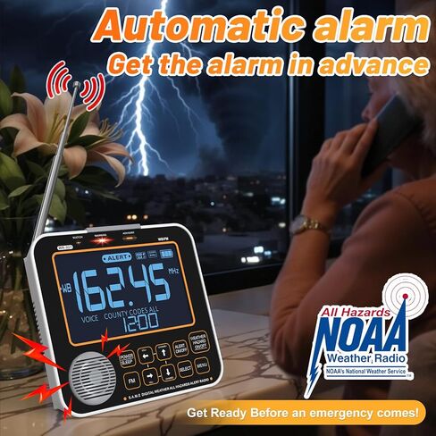 NOAA راديو تنبيه الطقس للمنزل - S.A.M.E. برمجة محلية، 23 رمز دولة و75+ تنبيهات للطوارئ، راديو NOAA للطقس مع هوائي خارجي احتياطي للبطارية وضوء تحذير للمنزل in Kuwait