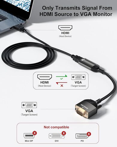 VGA إلى HDMI، محول HDMI أحادي الاتجاه إلى VGA (أنثى إلى ذكر)، محول VGA (العرض) إلى HDMI (المصدر) 1080P@60 هرتز متوافق مع الكمبيوتر، سطح المكتب، الكمبيوتر المحمول، الكمبيوتر الشخصي، الشاشة، جهاز العرض in Kuwait