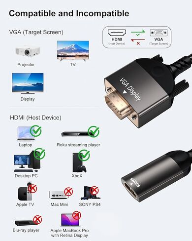 VGA to HDMI, Uni-Directional HDMI to VGA Adapter (Female to Male), VGA (Display) to HDMI (Source) Converter 1080P@60Hz Compatible with Computer, Desktop, Laptop, PC, Monitor, Projector in Kuwait