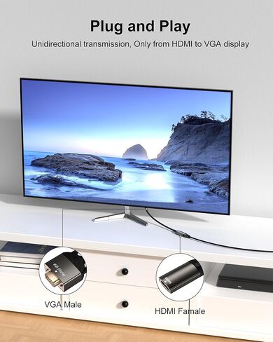 VGA to HDMI, Uni-Directional HDMI to VGA Adapter (Female to Male), VGA (Display) to HDMI (Source) Converter 1080P@60Hz Compatible with Computer, Desktop, Laptop, PC, Monitor, Projector in Kuwait