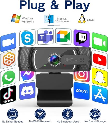 كاميرا ويب 4K للكمبيوتر الشخصي وأجهزة Mac، كاميرا بث USB صغيرة مع التركيز التلقائي PDAF، ميكروفونات مزدوجة متعددة الاتجاهات لإلغاء الضوضاء، تصحيح تلقائي للضوء المنخفض، تعمل مع التكبير/التصغير والفرق وGoogle Meet & Twitch in Saudi Arabia
