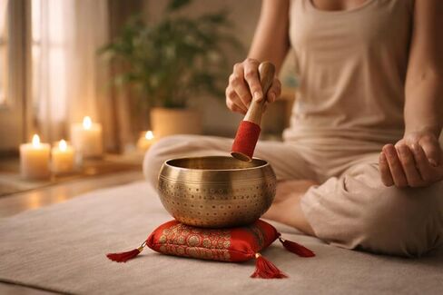 وعاء الغناء البوذي التبتي المعدني المطلي يدويًا من KPAVIR، آلة موسيقية للتأمل مع عصا ووسادة (حجم الوعاء - 4 بوصات) (أسود) in Kuwait