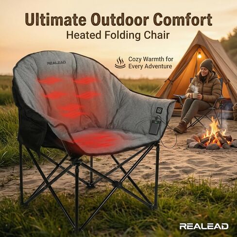 REALEAD Heated Camping Chair - Fully Thick Padded - Heated Chairs for Outdoor Sport with Back and Seat Heating - Heated Outdoor Chair for Adults - Battery NOT Included in Saudi Arabia