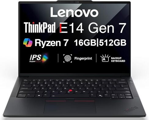 Lenovo ThinkPad E14 Gen 7 AI Business Laptop 14" FHD+ Display (AMD Ryzen 7 250 (Beat Ryzen 5 7535U)، 16 جيجابايت DDR5، 512 جيجابايت SSD، مساعد الطيار، إضاءة خلفية، بصمة الإصبع، كاميرا ويب 5M RGB، Thunderbolt 4، Win11Pro)، 2026 in Saudi Arabia