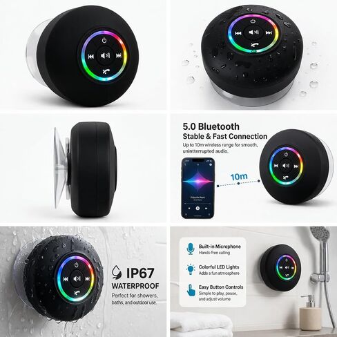 mini Bluetooth Shower Speaker Waterproof Speaker Suction Cup Wireless Speaker Bathroom Speaker led Light Speaker Portable Bluetooth Speaker ipx4 Shower Radio Hands Free Speakerphone in Saudi Arabia