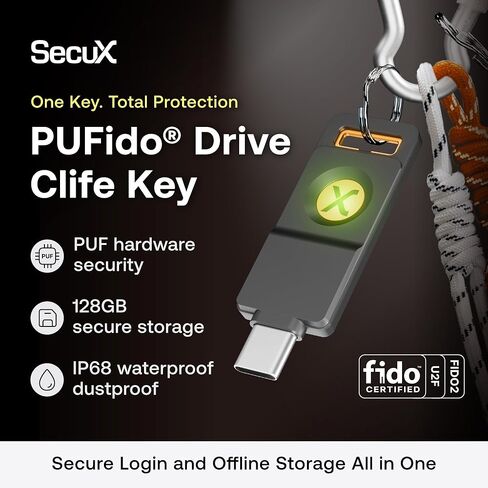مفتاح أمان SecuX PUFido® Drive Clife USB C مع تقنية PUF ومحرك أقراص فلاش مدمج، أجهزة معتمدة من FIDO2 U2F، أمان غير قابل للاستنساخ لتسجيل الدخول بدون كلمة مرور ومصادقة 2FA (1) in Kuwait