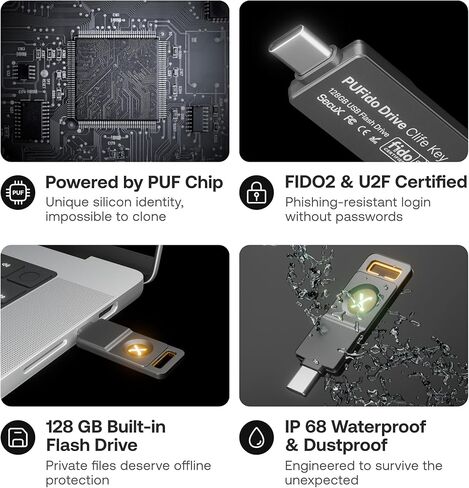 مفتاح أمان SecuX PUFido® Drive Clife USB C مع تقنية PUF ومحرك أقراص فلاش مدمج، أجهزة معتمدة من FIDO2 U2F، أمان غير قابل للاستنساخ لتسجيل الدخول بدون كلمة مرور ومصادقة 2FA (1) in Kuwait