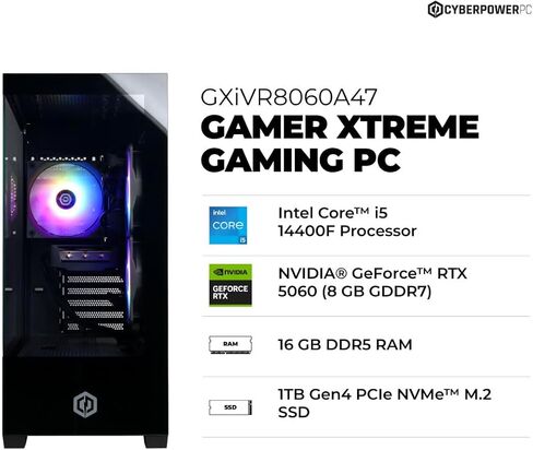 CyberPowerPC Gamer Xtreme Gaming PC, Intel Core i5-14400F 2.5GHz, GeForce RTX 5060 8GB, 16GB DDR5, 1TB PCIe 4.0 SSD, WiFi Ready & Windows 11 Home (GXiVR8060A47) in Saudi Arabia