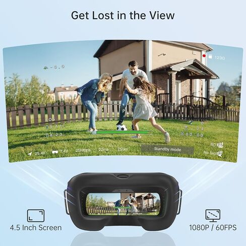نظارات CADDXFPV Walksnail Ascent HD الرقمية FPV - شاشة 4.5 بوصة 1080P/60FPS، نقل رقمي 5.8 جيجا هرتز، نطاق 4 كم، زمن وصول منخفض 32 مللي ثانية، تسجيل DVR (يدعم 256 جيجابايت SD)، متوافق مع نظام Ascent in Kuwait