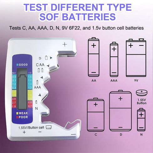 Battery Tester with LCD Display Universal Battery Checker for AA AAA C D 9V 6F22 1.5V(LR44) Button Cell Batteries, Small Volt Checker for All Batteries, Silver in Saudi Arabia