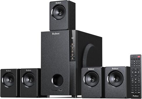 Bobtot Home Theater Systems Surround Sound System, 5.1 Wired Stereo Sound Speakers, 5.25 inch Subwoofer 600 Watts Peak Power Deep Bass Audio Stereo with FM Radio Bluetooth AUX DVD USB SD Input in Saudi Arabia