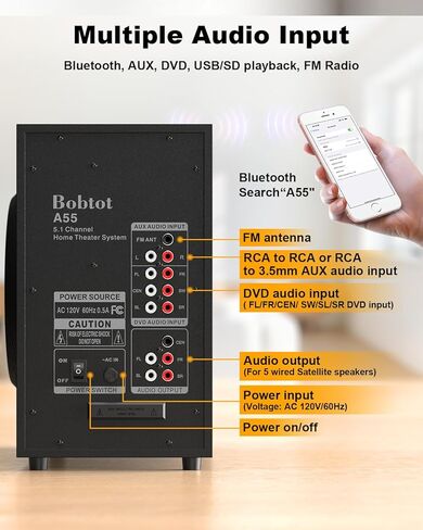 Bobtot Home Theater Systems Surround Sound System, 5.1 Wired Stereo Sound Speakers, 5.25 inch Subwoofer 600 Watts Peak Power Deep Bass Audio Stereo with FM Radio Bluetooth AUX DVD USB SD Input in Saudi Arabia