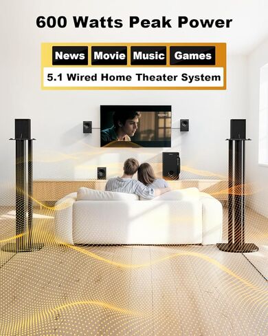 Bobtot Home Theater Systems Surround Sound System, 5.1 Wired Stereo Sound Speakers, 5.25 inch Subwoofer 600 Watts Peak Power Deep Bass Audio Stereo with FM Radio Bluetooth AUX DVD USB SD Input in Saudi Arabia