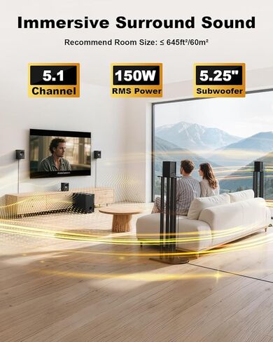 Bobtot Home Theater Systems Surround Sound System, 5.1 Wired Stereo Sound Speakers, 5.25 inch Subwoofer 600 Watts Peak Power Deep Bass Audio Stereo with FM Radio Bluetooth AUX DVD USB SD Input in Saudi Arabia