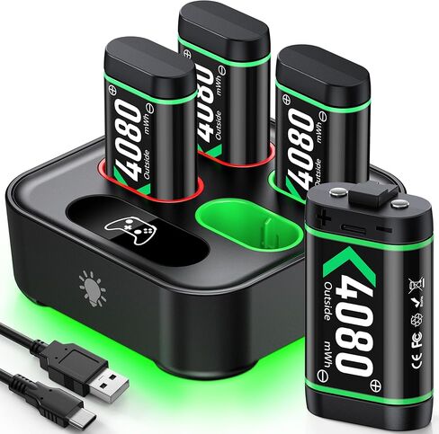 4X 4080mAh Rechargeable Batteries & Dual Charger Station for Xbox One/Elite/Series X/S, LED Indicator, Black in Saudi Arabia