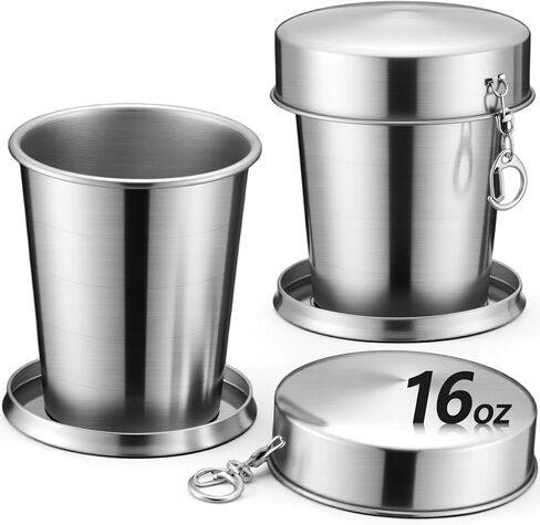 2 Pack 304 Stainless Steel Collapsible Cup 16 oz Folding Travel Cup with Lid and Keychain, Reusable Packable Camp Mug for Camping, Hiking, Picnic, Travel & Everyday Use in Saudi Arabia