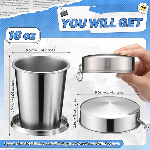 2 Pack 304 Stainless Steel Collapsible Cup 16 oz Folding Travel Cup with Lid and Keychain, Reusable Packable Camp Mug for Camping, Hiking, Picnic, Travel & Everyday Use in Saudi Arabia