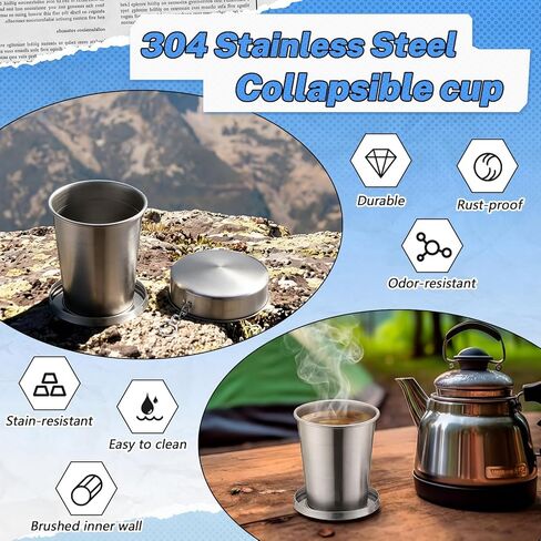 2 Pack 304 Stainless Steel Collapsible Cup 16 oz Folding Travel Cup with Lid and Keychain, Reusable Packable Camp Mug for Camping, Hiking, Picnic, Travel & Everyday Use in Saudi Arabia