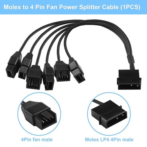 Molex to 4 Pin Fan Cable 12V Full Speed PC Fan Power Splitter, 6PCS 4-Pin Adapter for ATX PSU Case Cooling 30cm/11.8in (1 to 6) in Saudi Arabia