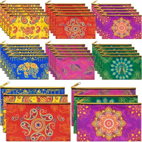 24 Pcs Diwali Gifts Bulk, Indian Return Gifts for Pooja, Multicolor Canvas Makeup Bags with Golden Zipper, Travel Cosmetic Pouches with Classic Indian Motifs, Wedding Gift for Women in Saudi Arabia