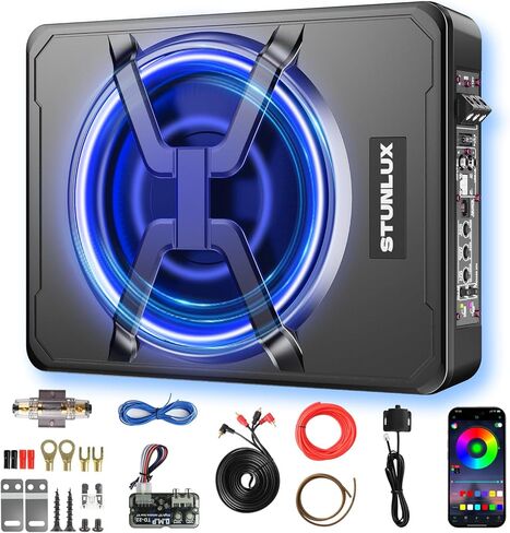 10 Inch 1200W Under Seat Car Subwoofer,Full Cast Aluminum Under Seat Powered Subwoofer,Built-in Amp & APP LED Light Control,12V Universal Vehicle Subwoofer Full Installation Kit with Gift Box. in Saudi Arabia