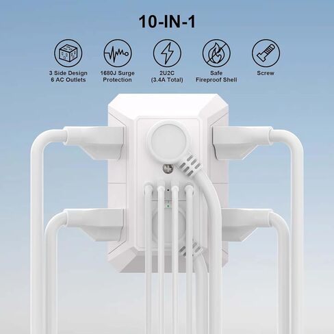 واقي التيار الكهربائي متعدد المقابس - موسع منفذ تيوبار مع 6 منافذ و4 منافذ USB (2 USB-C)، مقسم مخرج للمنزل والمكتب وأساسيات غرفة النوم، ETL، أبيض in Kuwait