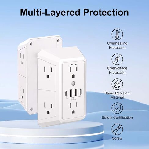 واقي التيار الكهربائي متعدد المقابس - موسع منفذ تيوبار مع 6 منافذ و4 منافذ USB (2 USB-C)، مقسم مخرج للمنزل والمكتب وأساسيات غرفة النوم، ETL، أبيض in Kuwait