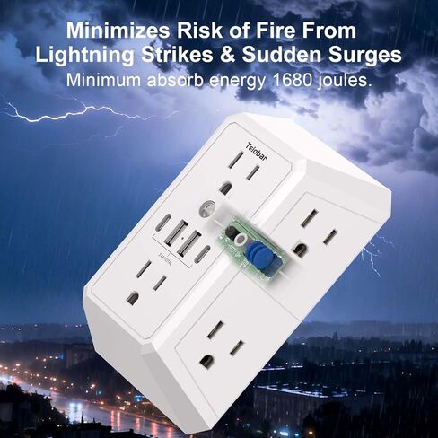 واقي التيار الكهربائي متعدد المقابس - موسع منفذ تيوبار مع 6 منافذ و4 منافذ USB (2 USB-C)، مقسم مخرج للمنزل والمكتب وأساسيات غرفة النوم، ETL، أبيض in Kuwait