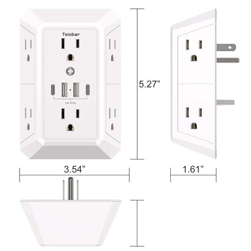 واقي التيار الكهربائي متعدد المقابس - موسع منفذ تيوبار مع 6 منافذ و4 منافذ USB (2 USB-C)، مقسم مخرج للمنزل والمكتب وأساسيات غرفة النوم، ETL، أبيض in Kuwait