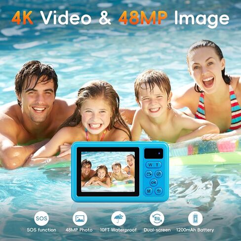 Maxmango D70 4K Underwater Digital Camera - 48MP 10FT Waterproof Camera for Snorkeling - Dual Screen Selfie Compact Floatable Camera with 32GB Card - Point and Shoot Digital Cam 1200mAh Battery -Blue in Saudi Arabia